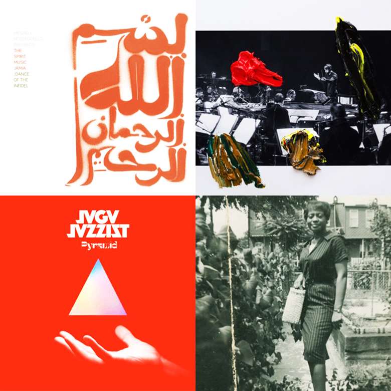 Playlist album covers: Meshell Ndegeocello’s The Spirit Music Jamia: Dance of the Infidel – Jameszoo and the Metropole Orkest’s Melkweg – Jaga Jazzist’s Pyramid – and Jeff Parker’s Suite for Max Brown