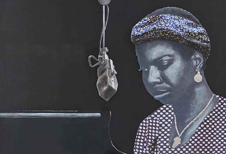 A portrait of Nina Simone by Sam Nhlengethwa (pitured below Sonny Rollins with the MJQ)