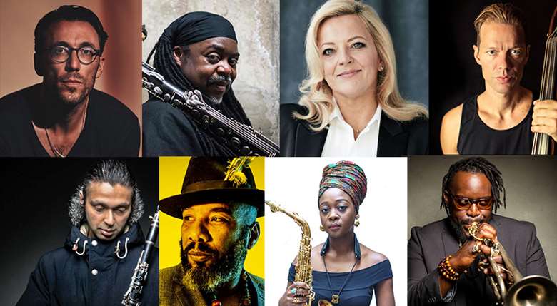 Clockwise from top right: Bill Laurance, Courtney Pine, Claire Martin, Jasper Høiby, Marquis Hill, Cassie Kinoshi, Anthony Joseph and Arun Ghosh