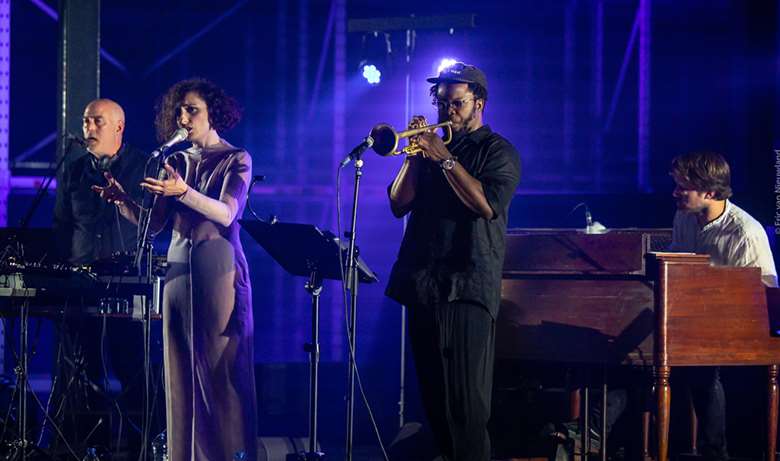 Singer Sanem Kalfa (second left) joins forces with Jan Bang (far left), Ambrose Akinmusire (centre) and Kit Downes (right) - photo by Eric Van Nieuwland
