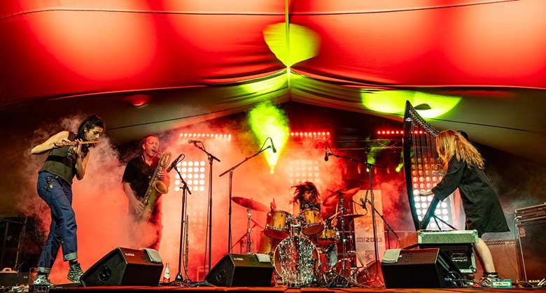 Nout – Delphine Joussein (flute, electronics), Rafaëlle Rinaudo (harp, electronics) and Blanche Lafuente (drums) with special guest for this show Mats Gustafsson - Photo by Tim Dickeson