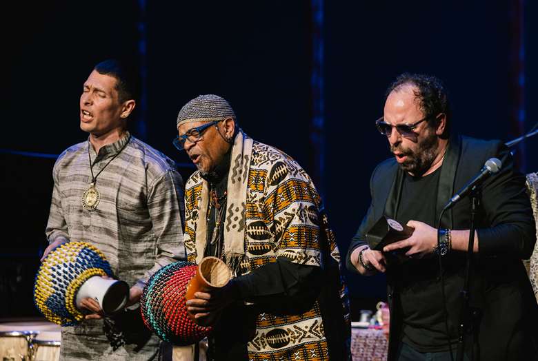 The dynamic Famoudou Don Moye (centre) with Simon Sieger (left) and Christophe Leloil (right) - Photos by Daniel Dittus
