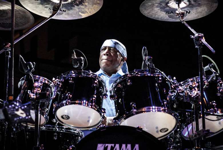 Billy Cobham behind his signature kit (photo courtesy billycobham.com)