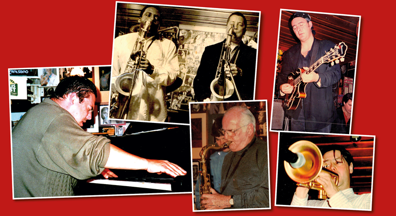 At The Albert, clockwise from left: Joey Calderazzo, 1997; David Murray and Andy Shepperd, 1992; Adrian Utley, 1997; Guy Barker, 1993; and Ronnie Scott with Andy Cleyndert in November 1993