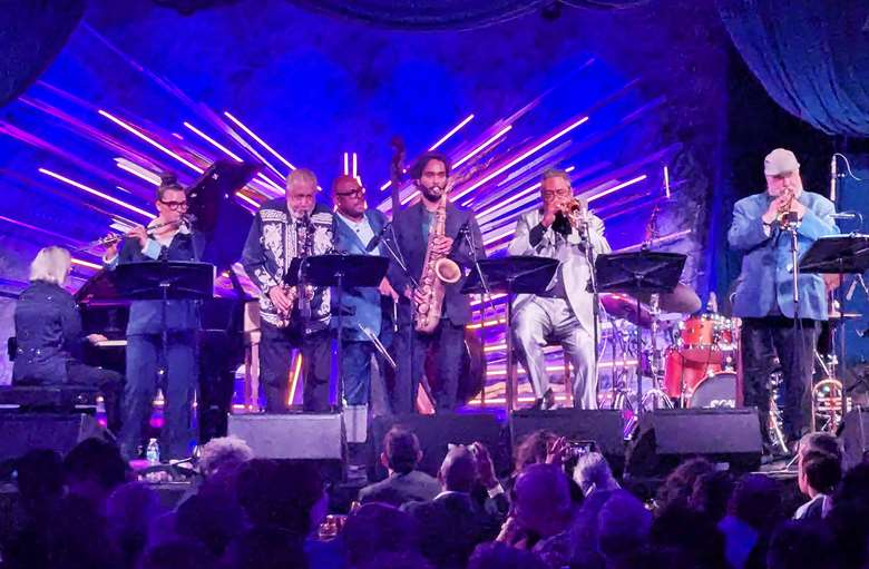L-R: Renee Rosnes, Elena Pinderhughes, Paquito D’Rivera, Christian McBride, Birsa Chatterjee, Jon Faddis and Randy Brecker - Photo by Danny Kapilian